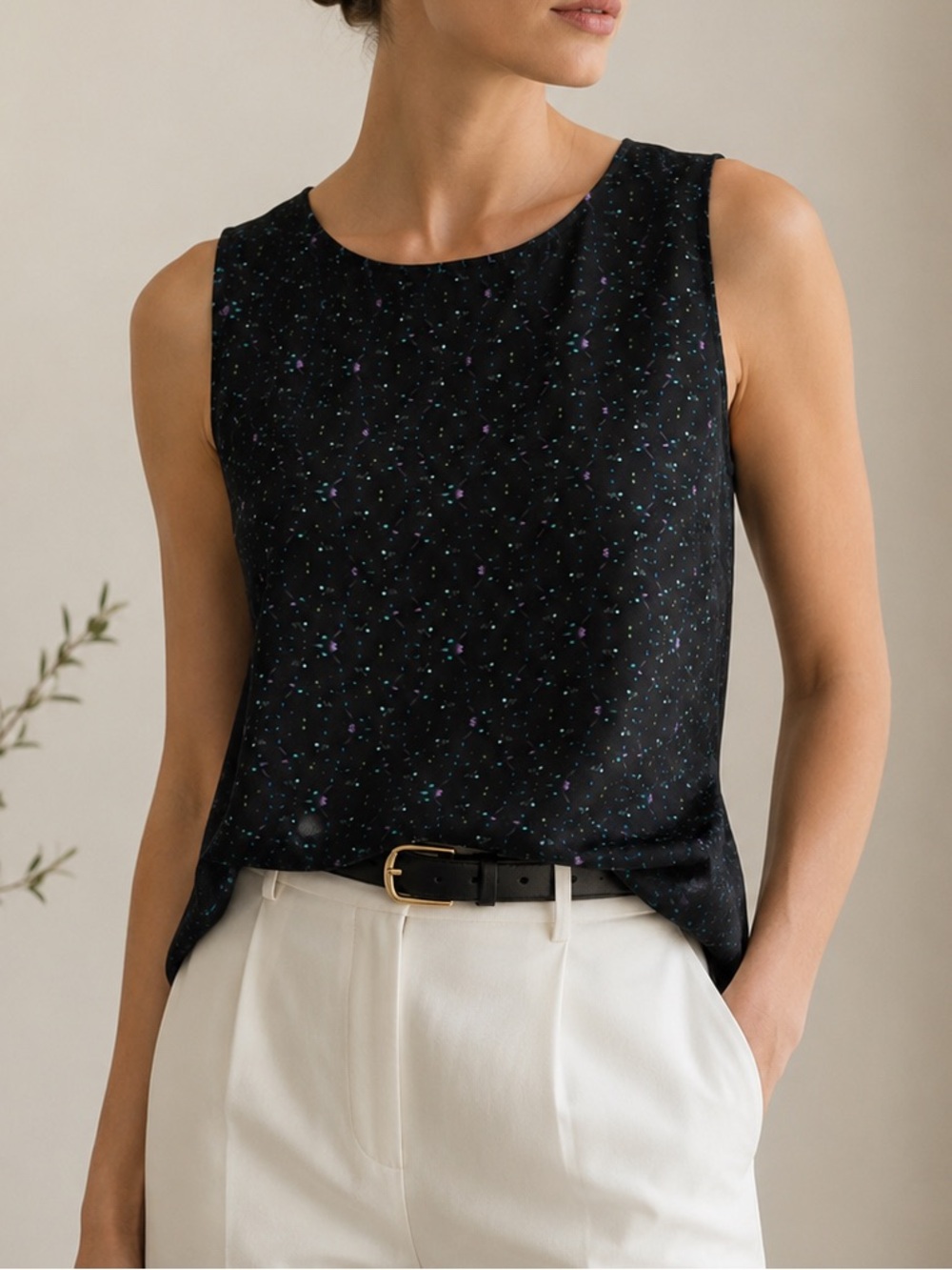Theyskens' Theory Black Sleeveless Abstract Dot Patterned Silk Top size P (XS)